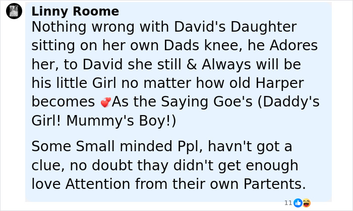 Comment defending David Beckham letting his 14-year-old daughter sit on his lap amid creepy relationship criticism.