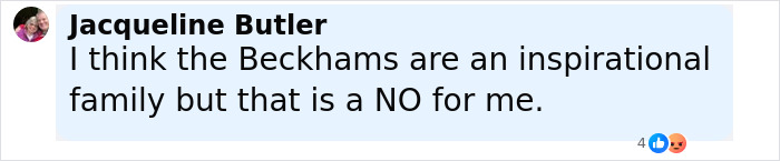 Comment by Jacqueline Butler expressing disapproval of Beckham family behavior regarding daughter sitting on lap.