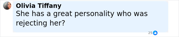 Comment by Olivia Tiffany questioning who rejected Jennifer Lawrence for her personality, discussing rich art dealer context.
