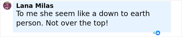 Comment by Lana Milas about Jennifer Lawrence, describing her as a down-to-earth person not over the top.