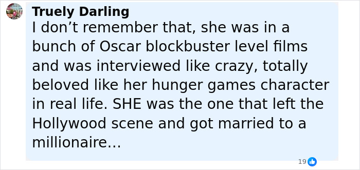 Comment from Truely Darling discussing Jennifer Lawrence&rsquo;s Hollywood career and marriage to a rich art dealer.