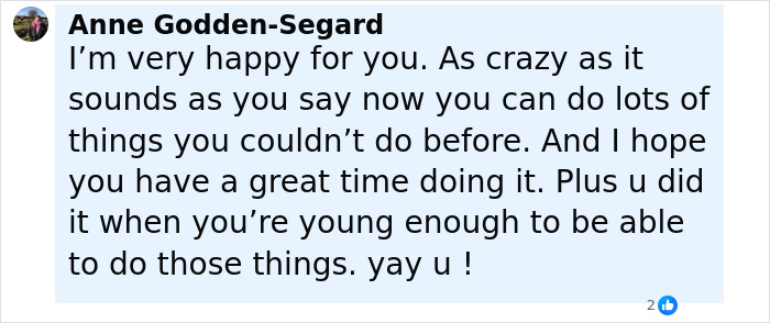 Comment from Anne Godden-Segard expressing support for a 20-year-old who decided to amputate his leg after a rock concert.
