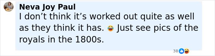 Comment by Neva Joy Paul questioning the benefits of marrying your cousin, referencing historical royal family examples.