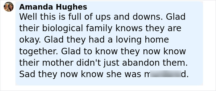 Comment from Amanda Hughes about sisters discovered alive after 36 years, expressing relief and sadness about their story.