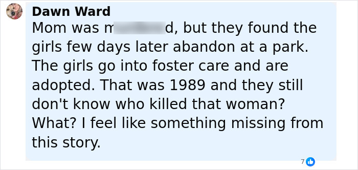 Comment text discussing sisters found alive decades after being reported missing, mentioning foster care and adoption.