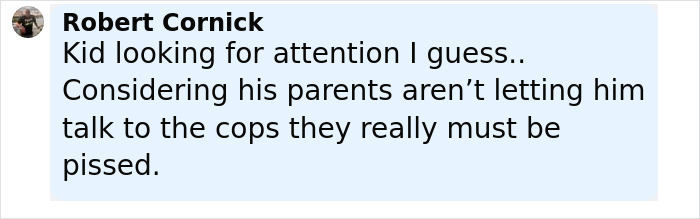 Comment from Robert Cornick about a teen faking his own kidnapping and his parents' reaction to police involvement.