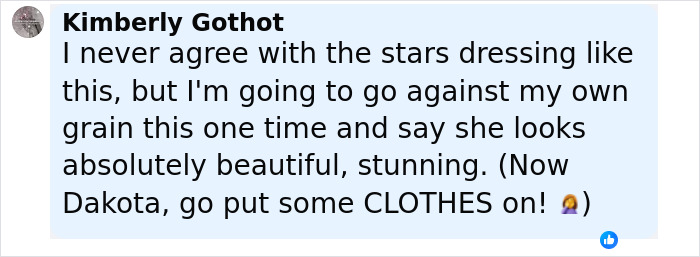Comment from Kimberly Gothot expressing mixed feelings about Dakota Johnson's see-through outfit and appearance.