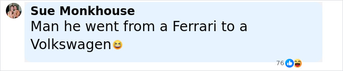 Comment by Sue Monkhouse about a transition from Ferrari to Volkswagen, expressing humor with a laughing emoji.