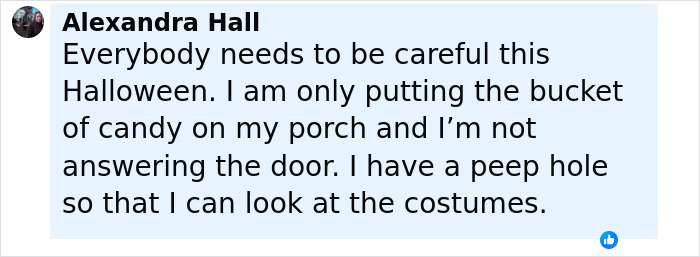 Facebook comment from Alexandra Hall warning about a disturbing doorbell prank involving a masked trio at Halloween.