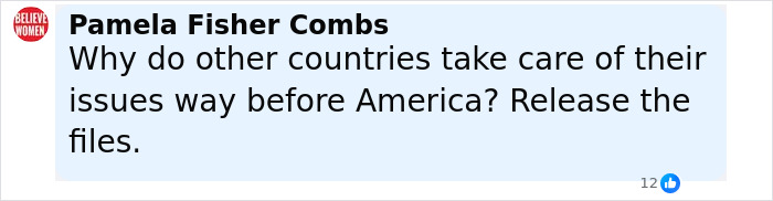 Pamela Fisher Combs commenting on international issues and urging release of files amid Prince Andrew allegations discussion.