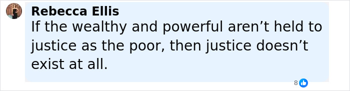 Screenshot of a Facebook comment by Rebecca Ellis discussing justice and power amid new Prince Andrew allegations.