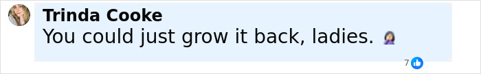 Comment by Trinda Cooke saying You could just grow it back, ladies, in a social media post about wig for private parts.