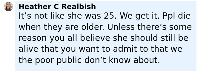 Screenshot of a social media comment discussing Diane Keaton cause revealed after unexpected passing with public speculation.