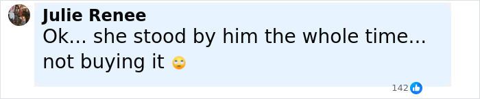 Facebook comment saying Ok... she stood by him the whole time... not buying it, related to Bijou Phillips cutting ties with jailed husband Danny Masterson.