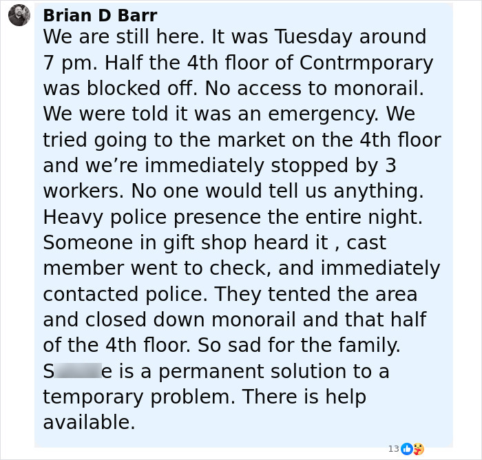 Screenshot of a social media post describing police activity and emergency lockdown related to the Disney superfan incident.