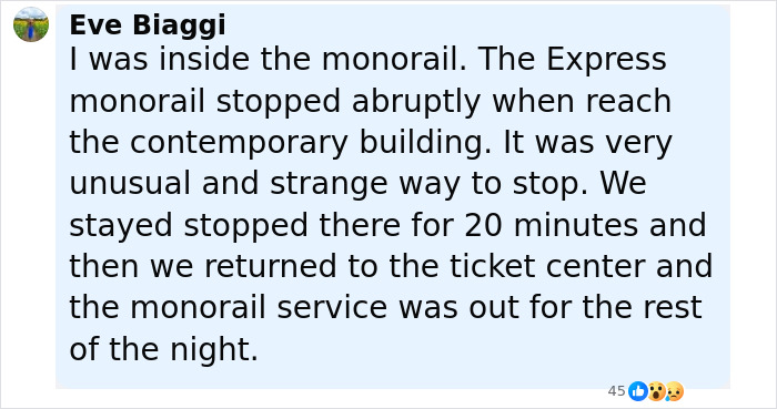 Screenshot of a social media comment describing an unusual Express monorail stop incident shared by a Disney superfan.