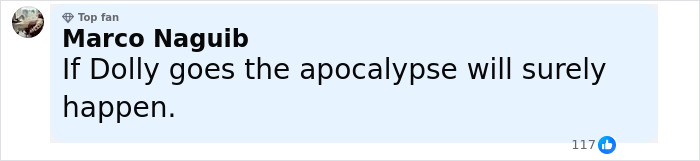 Comment on social media post expressing concern about Dolly Parton's health struggles and sister raising alarm.