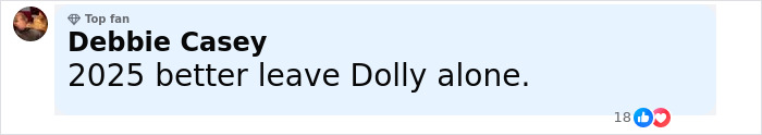 Comment by Debbie Casey, a top fan, expressing concern for Dolly amid health struggles on a social media post.