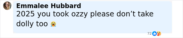 Comment by Emmalee Hubbard expressing concern and asking for prayers for Dolly amid health struggles.