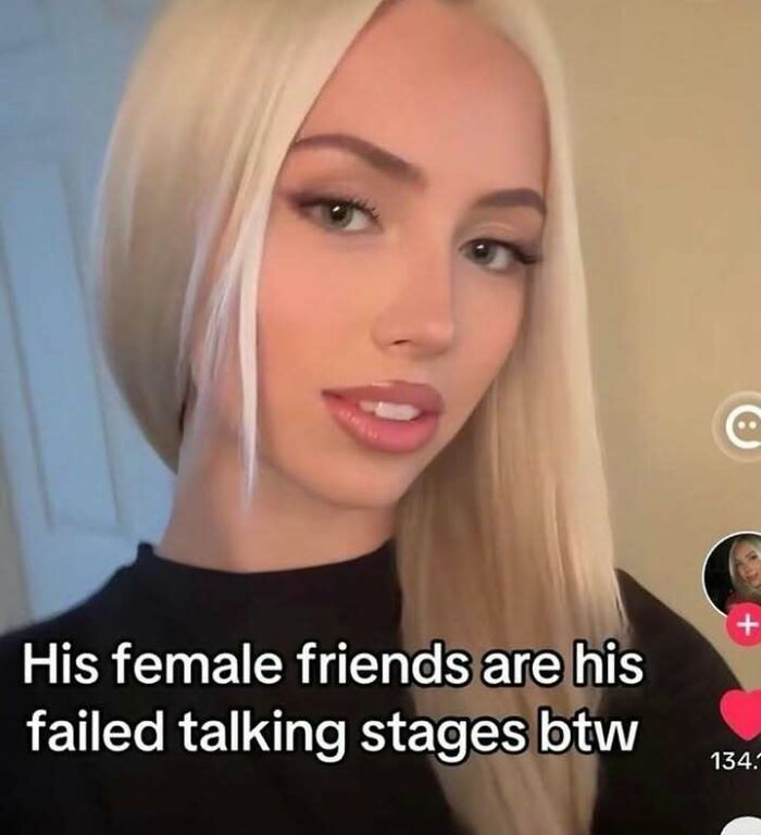 Young woman with long blonde hair shares an unhinged meme about evil thoughts and failed talking stages on social media.