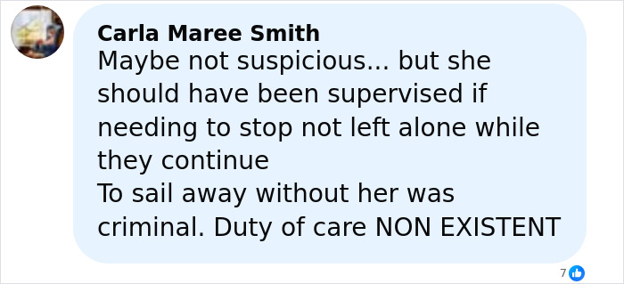Comment criticizing lack of supervision and duty of care related to elderly woman found deceased on Great Barrier Reef island after cruise ship abandonment.