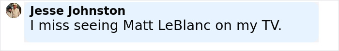Comment by Jesse Johnston expressing missing Matt LeBlanc on TV, related to Matt LeBlanc reappearance as Joey.