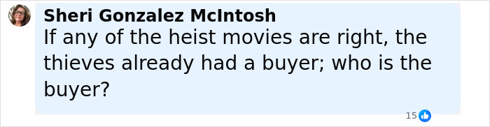 Comment by Sheri Gonzalez McIntosh discussing theories about buyers in heist movies related to jewel thief smuggling tricks.
