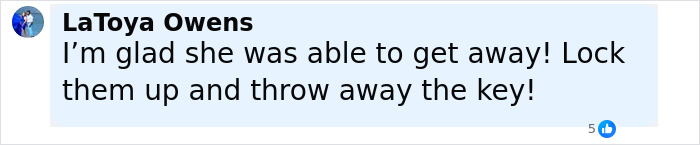 Facebook comment by LaToya Owens expressing relief that a 12-year-old escaped severe mistreatment and urging justice.
