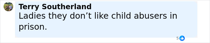 Comment about child abusers in prison, posted by Terry Southerland, addressing child abuse and justice issues online.