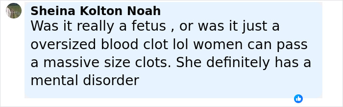 Comment by Sheina Kolton Noah discussing a woman giving her friend with benefits a cooler and referencing a fetus or blood clot.