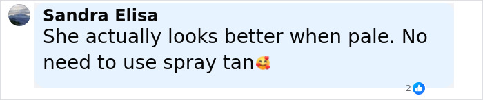 Comment saying she looks better pale and no need to use spray tan, related to Victoria&rsquo;s Secret models and fake tan criticism.