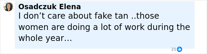 Comment from Osadczuk Elena expressing opinion on fake tan use by Victoria's Secret models in online discussion.