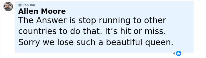 Comment from Allen Moore expressing sorrow after NYPD detective and mom of 3 found deceased following cosmetic surgery.