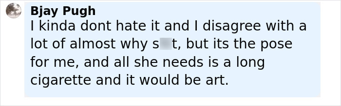 User comment about Julia Fox&rsquo;s barely-there dress at a gala, discussing the pose and artistic impression despite backlash.