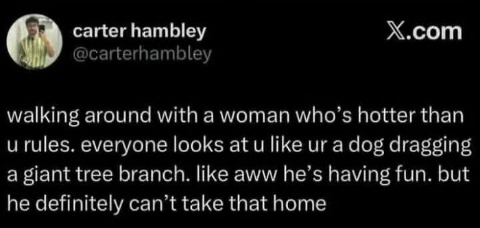 Tweet meme about unhinged evil thoughts comparing walking with an attractive woman to a dog dragging a tree branch.