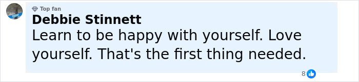 Comment from Debbie Stinnett discussing self-love and happiness in a social media post about fox eyes surgery complications.