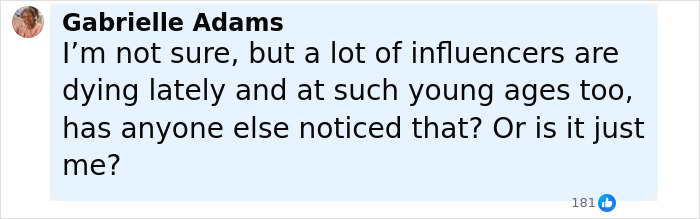 Social media comment discussing influencers passing away and raising concerns about Fox Eyes surgery complications.