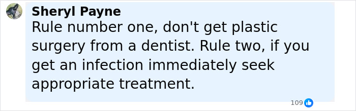 Comment warning against plastic surgery by a dentist and advising prompt treatment for infections after fox eyes surgery complications.