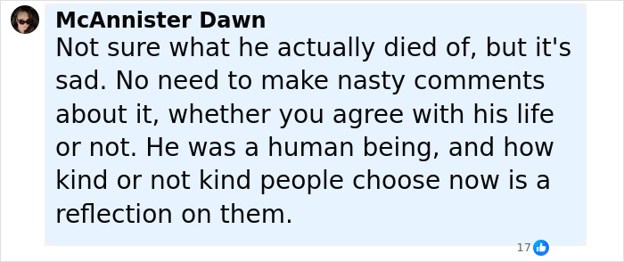 Comment by McAnnister Dawn about the influencer's death and complications from popular Fox Eyes surgery.