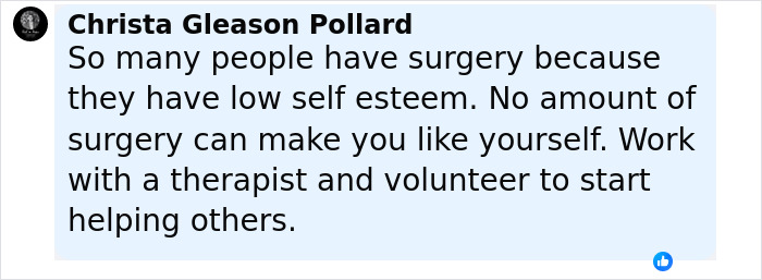 Comment on surgery risks, discussing self-esteem and complications from popular fox eyes surgery shared by influencer.