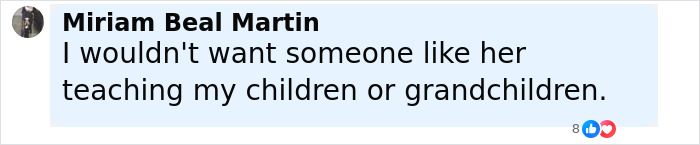 Comment from Miriam Beal Martin expressing disapproval of a Teacher of the Year finalist after Charlie Kirk remarks controversy.