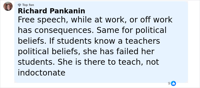Comment by Richard Pankanin discussing free speech and political beliefs of teachers, related to Teacher Of The Year finalist controversy.