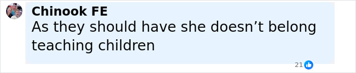 Comment by Chinook FE expressing disapproval about a Teacher Of The Year finalist&rsquo;s teaching role after Charlie Kirk remarks.