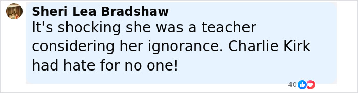 Alt text: Screenshot of a social media comment discussing a teacher of the year finalist and Charlie Kirk remarks controversy.