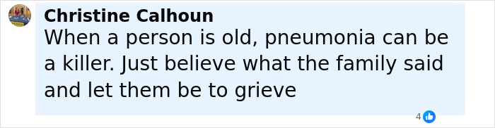 Comment from Christine Calhoun discussing pneumonia as a cause related to Diane Keaton&rsquo;s unexpected passing and its impact.