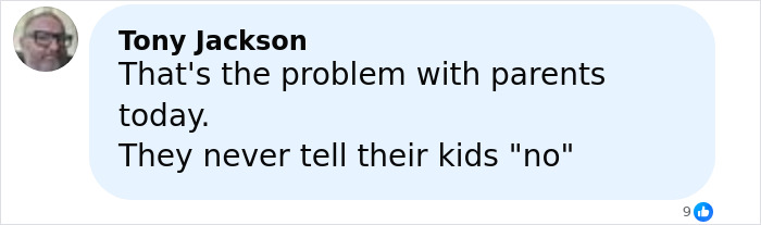 Comment by Tony Jackson discussing parenting challenges, focusing on parents never saying no to their kids.
