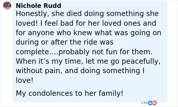 Comment from Nichole Rudd expressing condolences after pregnant Disney superfan found lifeless, reflecting on peaceful passing.
