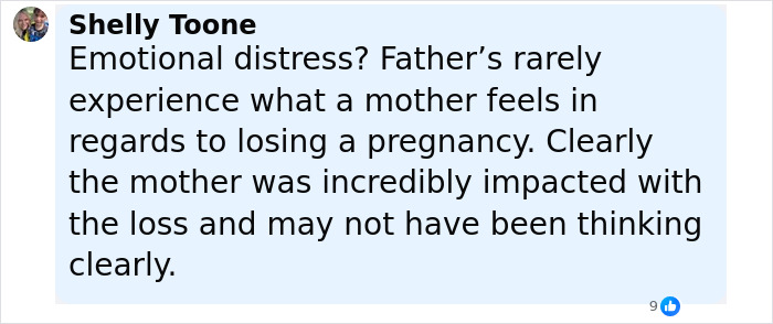 Comment by Shelly Toone discussing emotional distress fathers feel after pregnancy loss and the mother's impact.