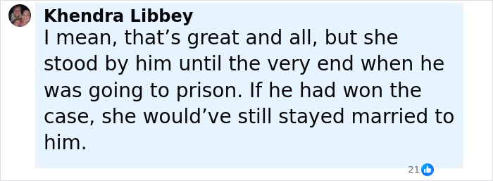 Comment by Khendra Libbey discussing Bijou Phillips cutting ties with jailed husband Danny Masterson after prison sentence announcement.