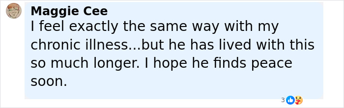 Comment from Maggie Cee expressing empathy for Michael J. Fox's heartbreaking health update and wishing him peace.